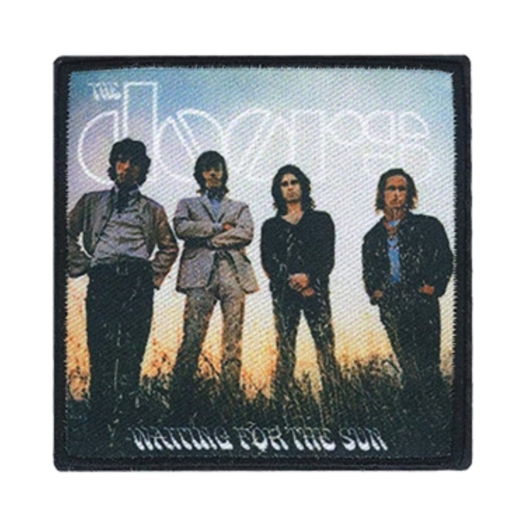 Patch with a band members' image and text 'Waiting for the Sun' on a white background