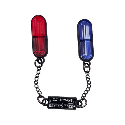 Two pill-shaped containers, one red and one blue, connected by a chain with a tag on a white background.