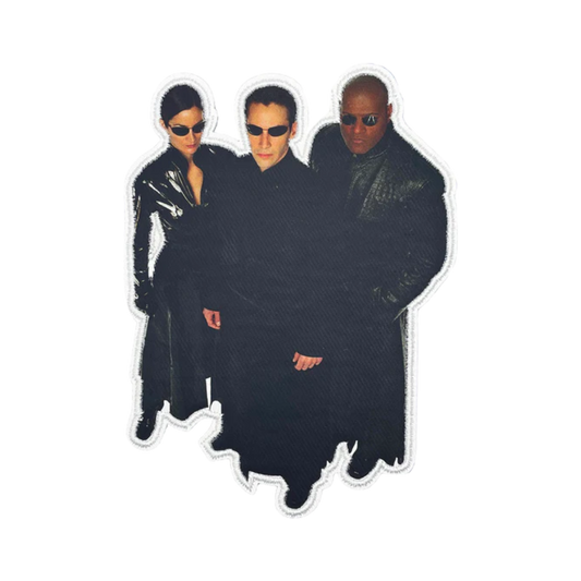 Three figures in dark clothing with sunglasses on a white background