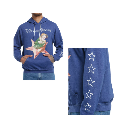 Blue hoodie with graphic design and star patterns