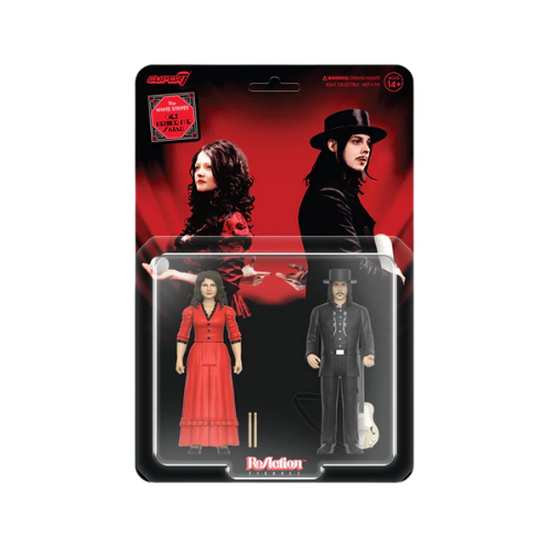 Packaged action figures of a woman in a red dress and a man in a black suit on a white background