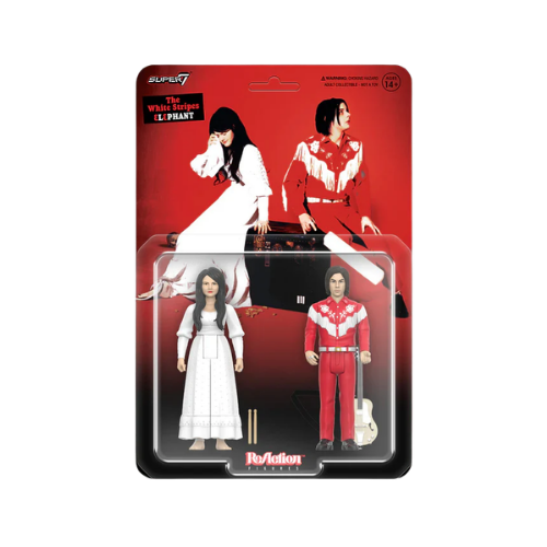 Packaged action figures of a couple in red and white outfits on a red background