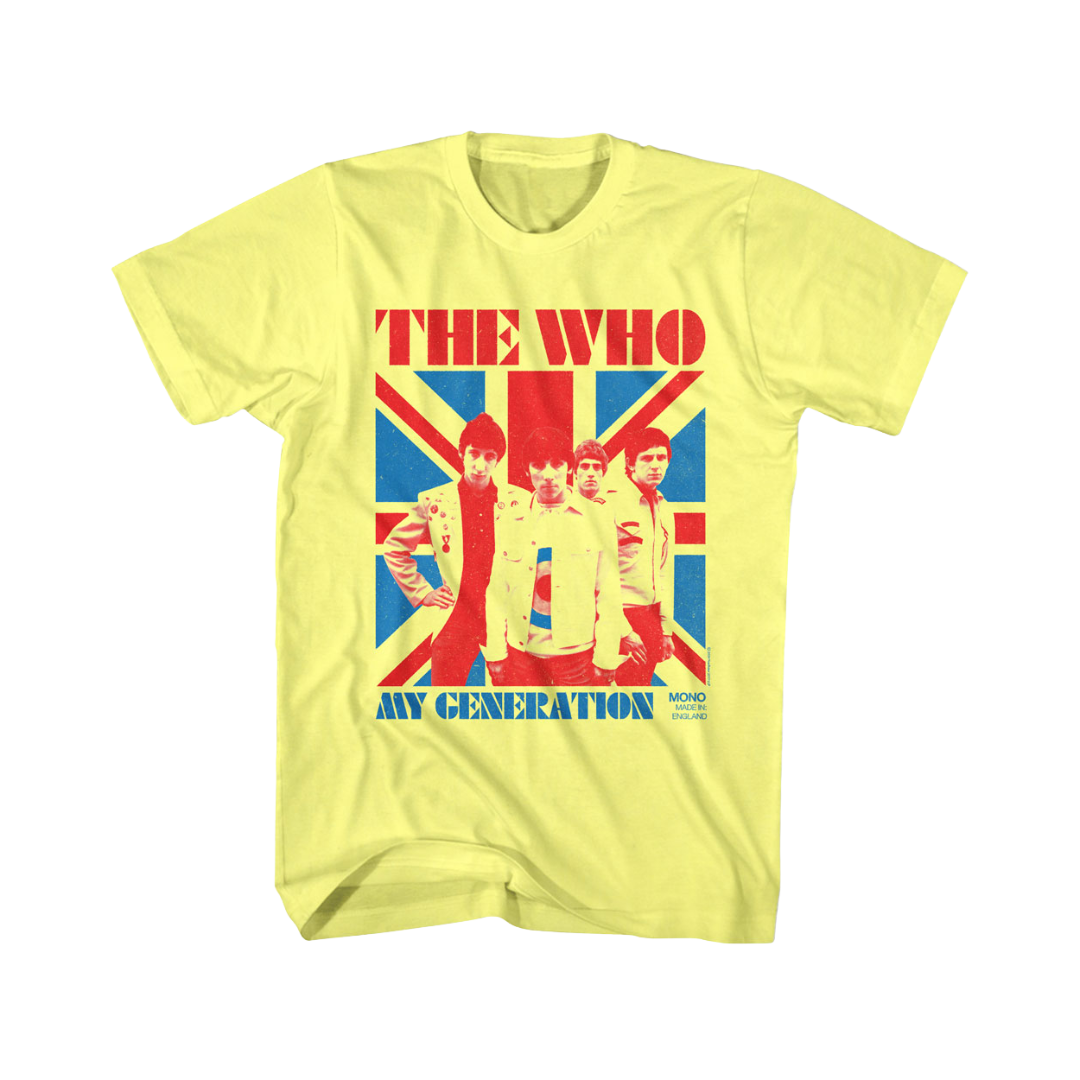 Yellow t-shirt with 'The Who' graphic design featuring band members and a Union Jack flag.