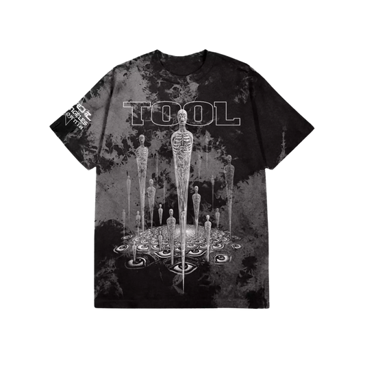 Black t-shirt with 'TOOL' band design featuring skeletons and abstract elements on a white background.