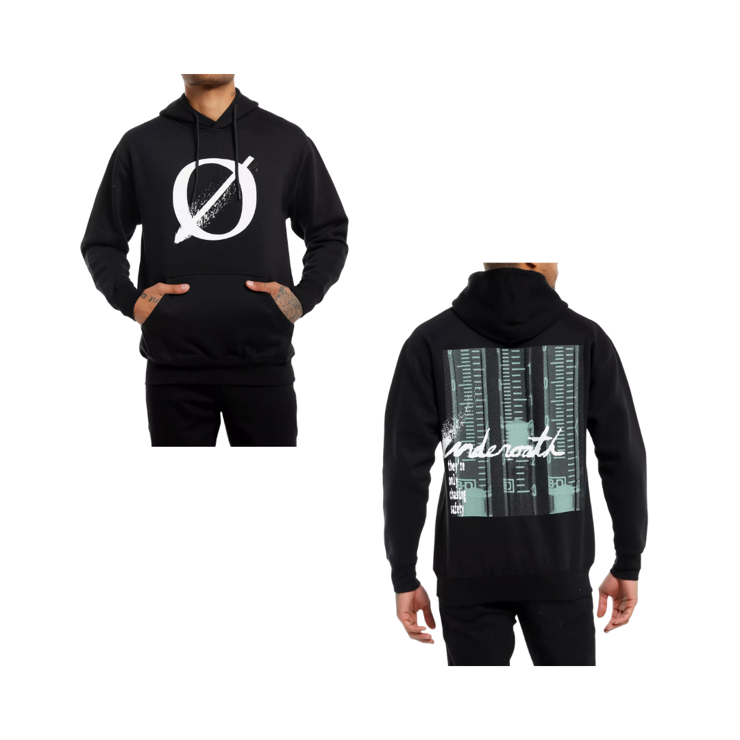 Black hoodie with white logo on front and cityscape design on back, worn by a person.