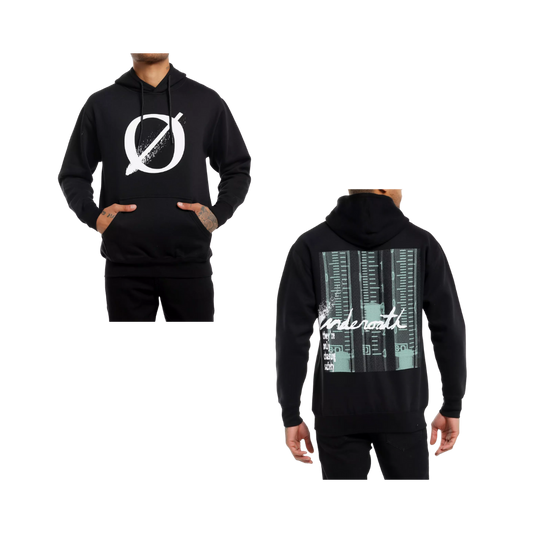 Black hoodie with white logo on front and cityscape design on back, worn by a person.