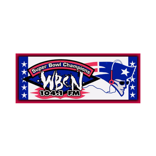WBCN radio station logo with Super Bowl Champions text on a white background