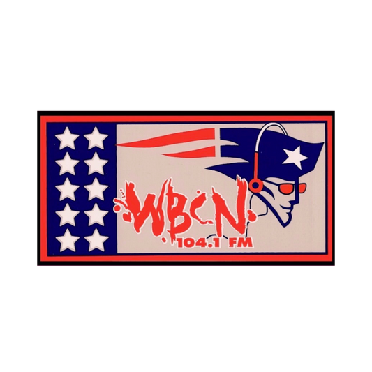 Logo of WBCN 104.1 FM with American flag design on a white background