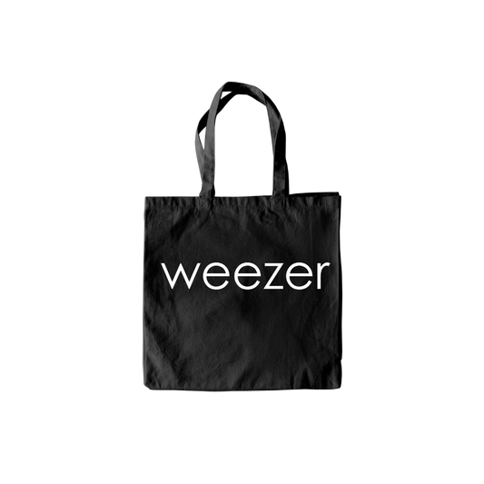 Black tote bag with 'weezer' logo on a white background