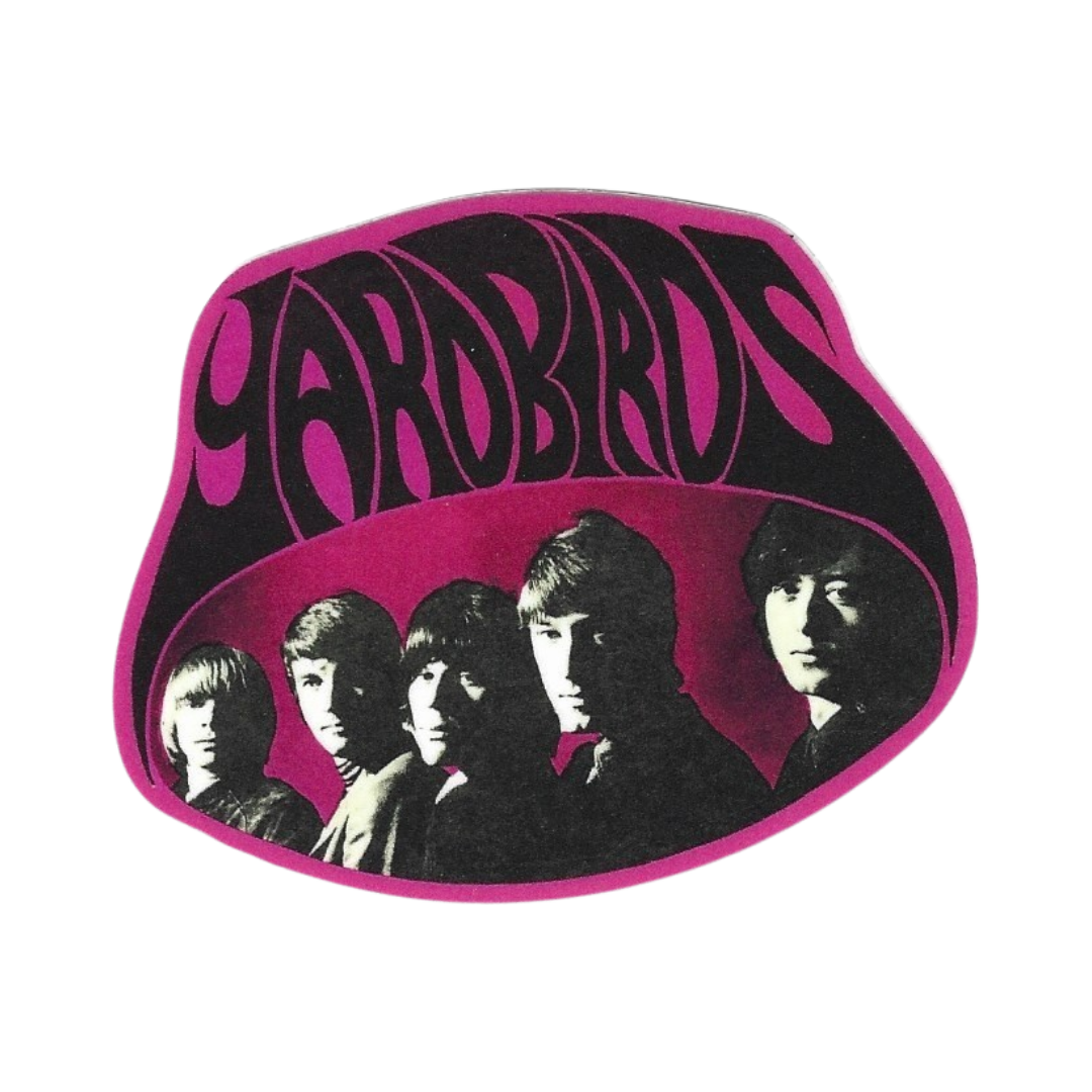 Yardbirds logo with image of the band members' faces and pink border on a white background