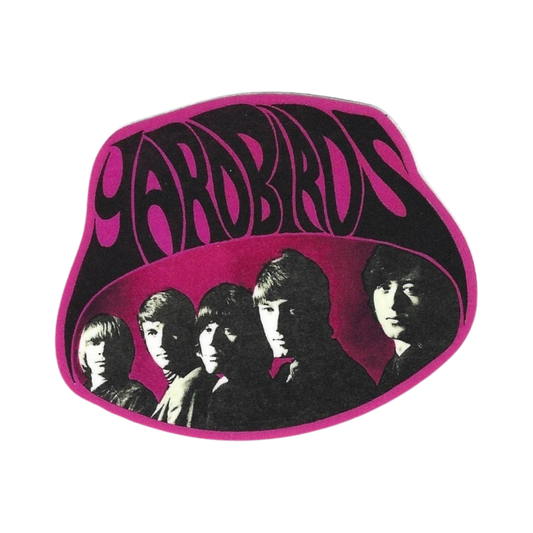 Yardbirds logo with image of the band members' faces and pink border on a white background