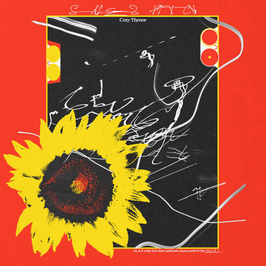 Surrealistic sunflower with abstract lines on a red background