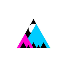 Geometric logo with a black triangle, pink triangle, and blue triangle on a white background