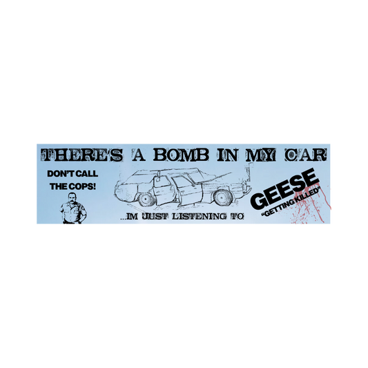 Sticker with text and graphic of a car on a white background