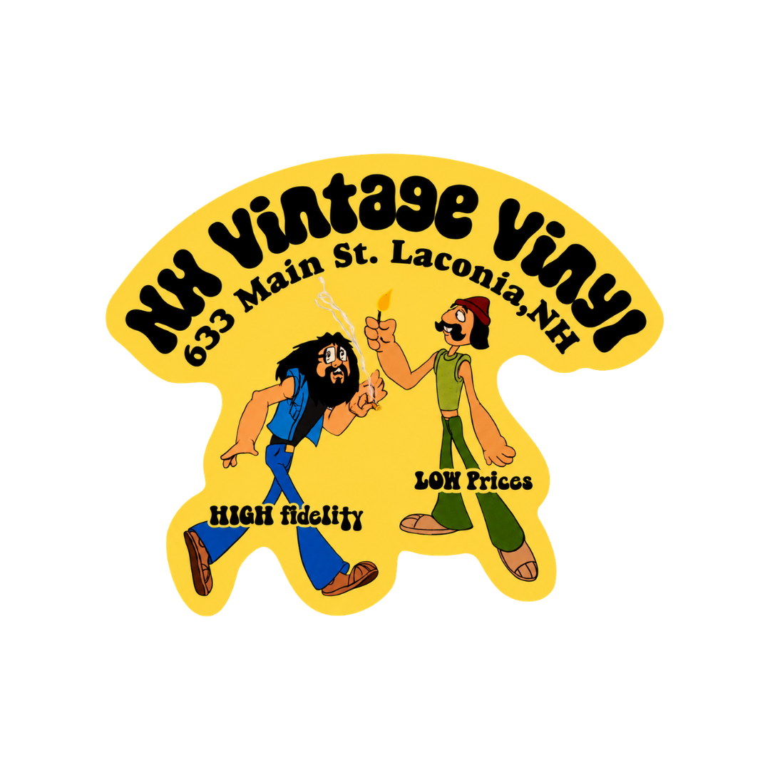 A die-cut vinyl sticker featuring a retro cartoon illustration of two men dancing, with the text 'Ny Vintage Vinyl' and '633 Main St. Laconia,NH' on a yellow background.