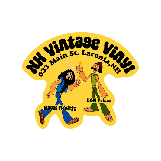 A die-cut vinyl sticker featuring a retro cartoon illustration of two men dancing, with the text 'Ny Vintage Vinyl' and '633 Main St. Laconia,NH' on a yellow background.