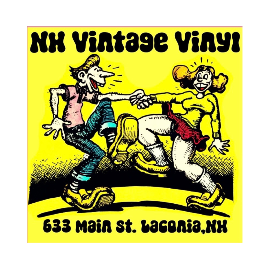 A square yellow graphic with black text reading 'NH Vintage Vinyl' at the top and '633 Main St. Baconia,NH' at the bottom, surrounding a cartoon illustration of two dancing people in pink, blue, yellow, red, and black tones.