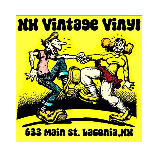 A square yellow graphic with black text reading 'NH Vintage Vinyl' at the top and '633 Main St. Baconia,NH' at the bottom, surrounding a cartoon illustration of two dancing people in pink, blue, yellow, red, and black tones.