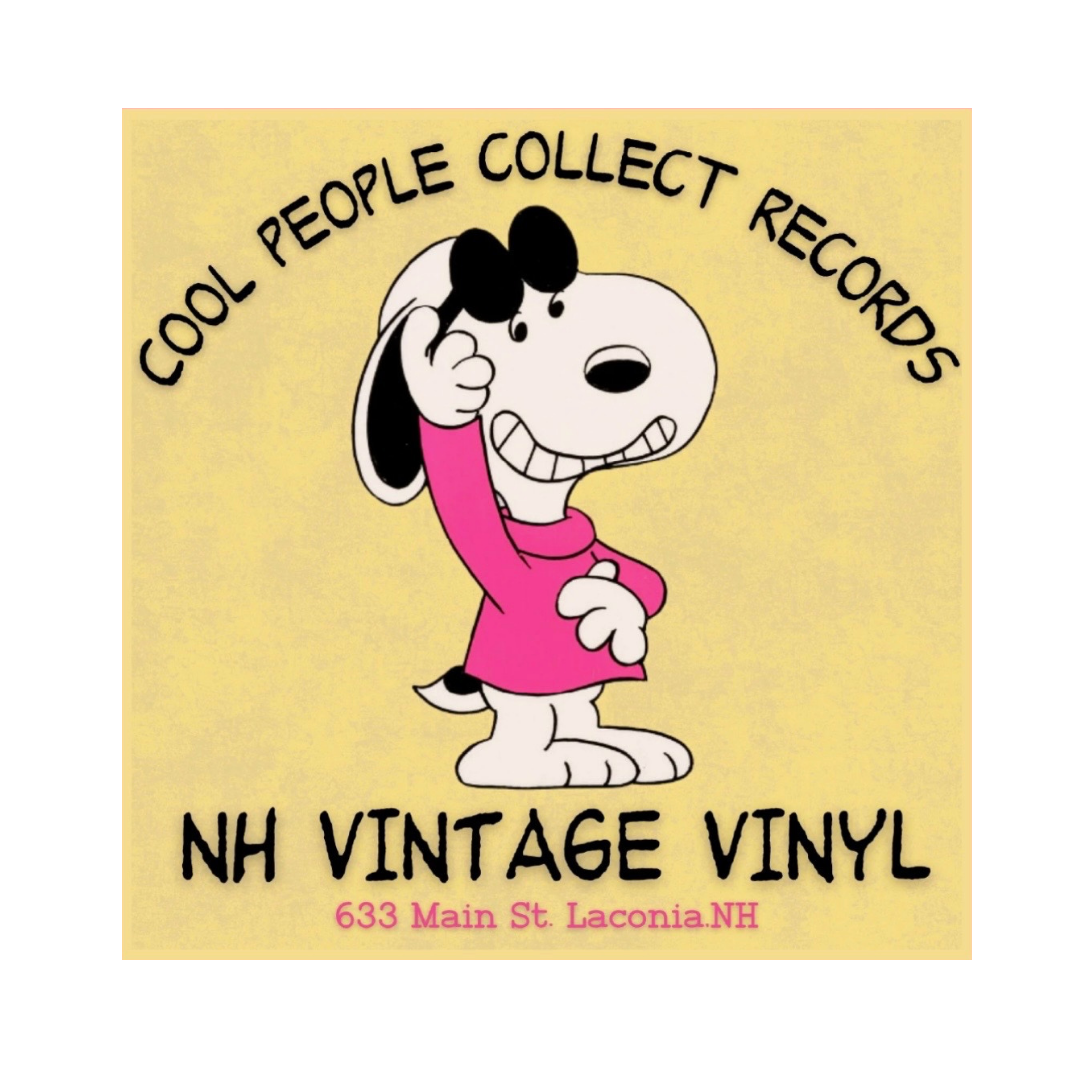 A square vinyl record cover design featuring Snoopy in a pink sweater on a pale yellow background, with the text 'COOL PEOPLE COLLECT RECORDS' arched above and 'NH VINTAGE VINYL 633 Main St. Laconia NH' below.
