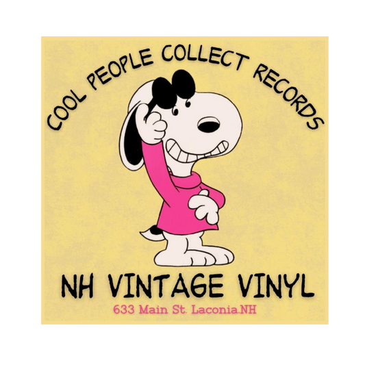 A square vinyl record cover design featuring Snoopy in a pink sweater on a pale yellow background, with the text 'COOL PEOPLE COLLECT RECORDS' arched above and 'NH VINTAGE VINYL 633 Main St. Laconia NH' below.