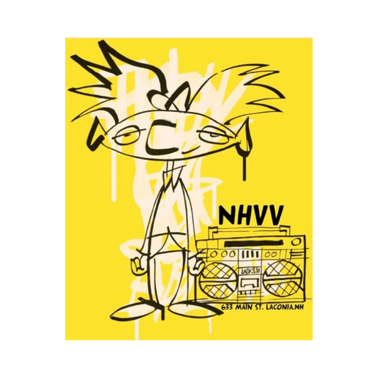 A graphic art print featuring a hand-drawn black and white cartoon character with spiky hair standing next to a boombox on a bright yellow background. The text 'NHVV' and '89 MAIN ST.