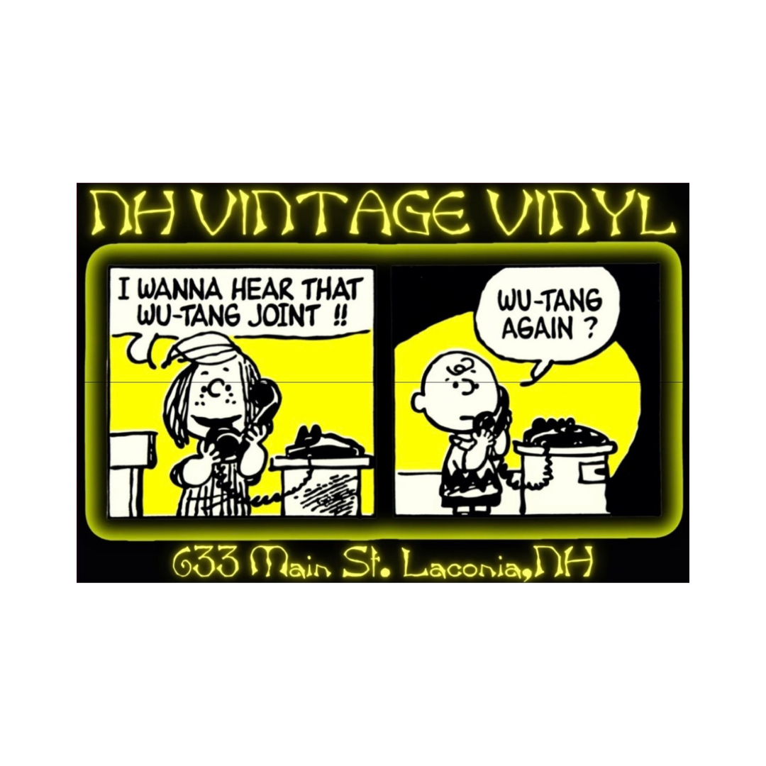 A rectangular vintage-style comic print with a black background and yellow border, featuring two cartoon panels with speech bubbles reading 'I WANNA HEAR THAT WU-TANG JOINT !!' and 'WU-TANG AGAIN ?'. Large yellow text at the top reads 'DH VINTAGE VINYL', and smaller yellow text at the bottom reads '633 Main St.