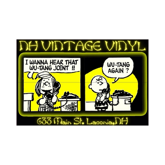 A rectangular vintage-style comic print with a black background and yellow border, featuring two cartoon panels with speech bubbles reading 'I WANNA HEAR THAT WU-TANG JOINT !!' and 'WU-TANG AGAIN ?'. Large yellow text at the top reads 'DH VINTAGE VINYL', and smaller yellow text at the bottom reads '633 Main St.