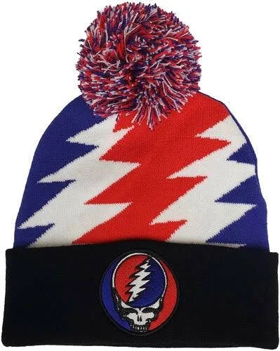 Grateful Dead - Steal Your Face Embroidered Patch - Acrylic Knit Hat - Black