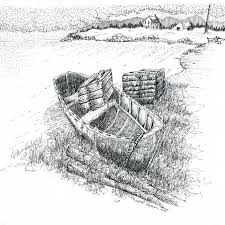 Black and white illustration of a boat with hay bales on a beach