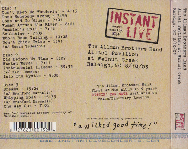 The Allman Brothers Band : Alltel Pavilion At Walnut Creek Raleigh, NC 8/10/03 (3xCD, Album)