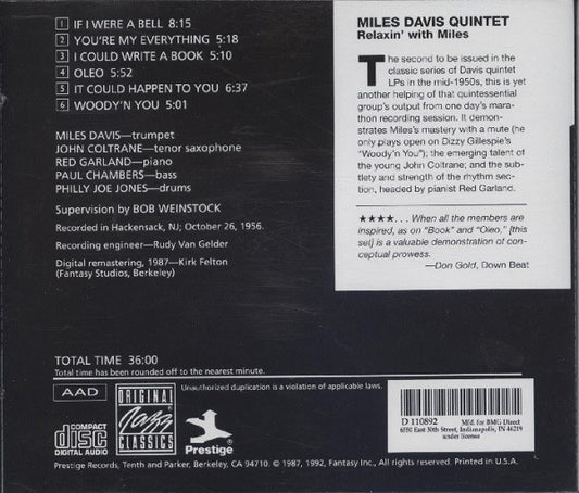 The Miles Davis Quintet : Relaxin' With The Miles Davis Quintet (CD, Album, Club, RE, RM)