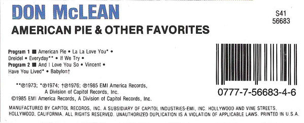 Don McLean : American Pie & Other Hits (Cass, Comp)